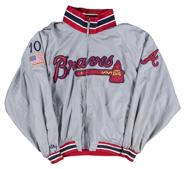 2004 Chipper Jones Game Worn Atlanta Braves Gray Jacket With American Flag Patch (MEARS)